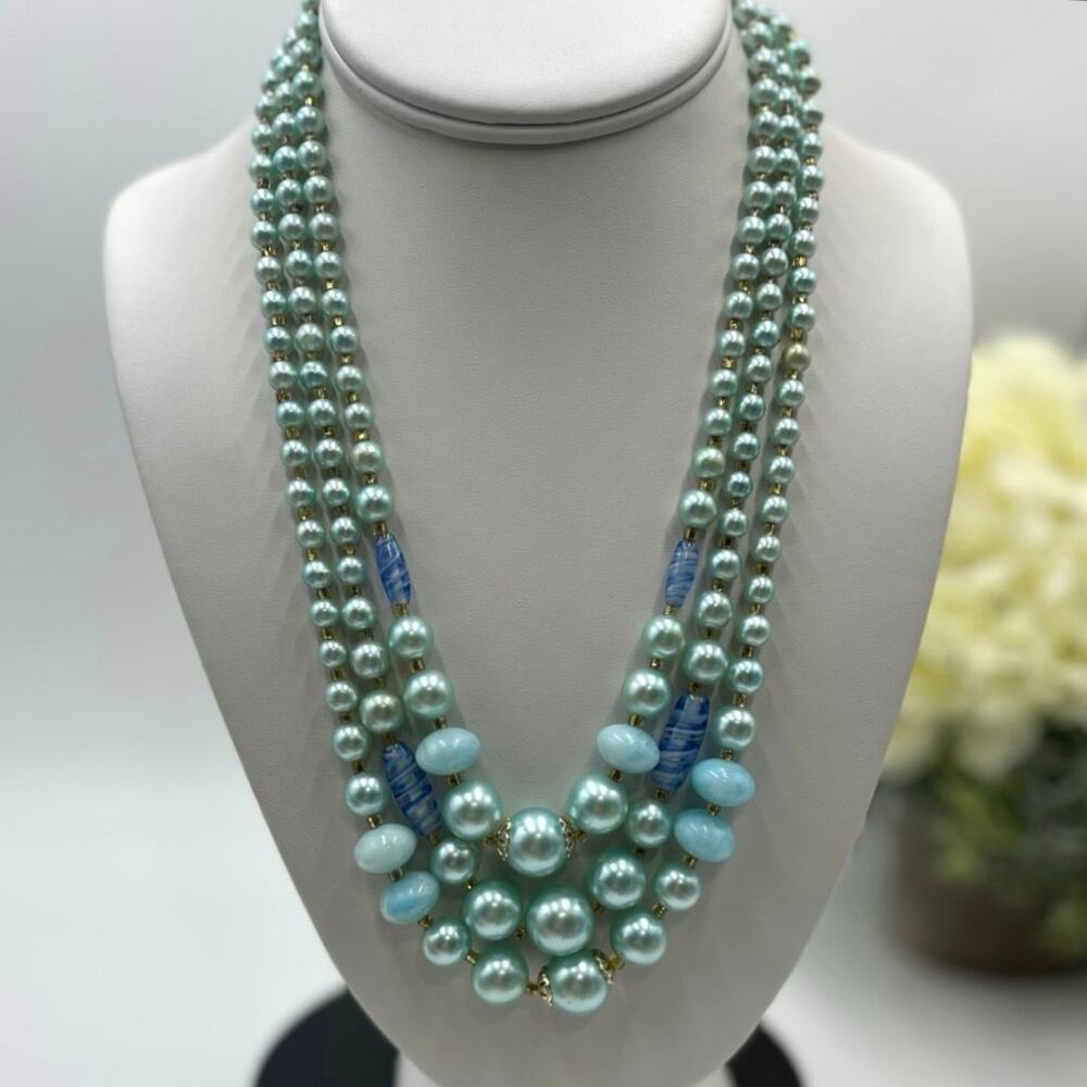 Japan Triple Strand Teal Blue
Beaded Necklace Graduated Beads Hook Closure